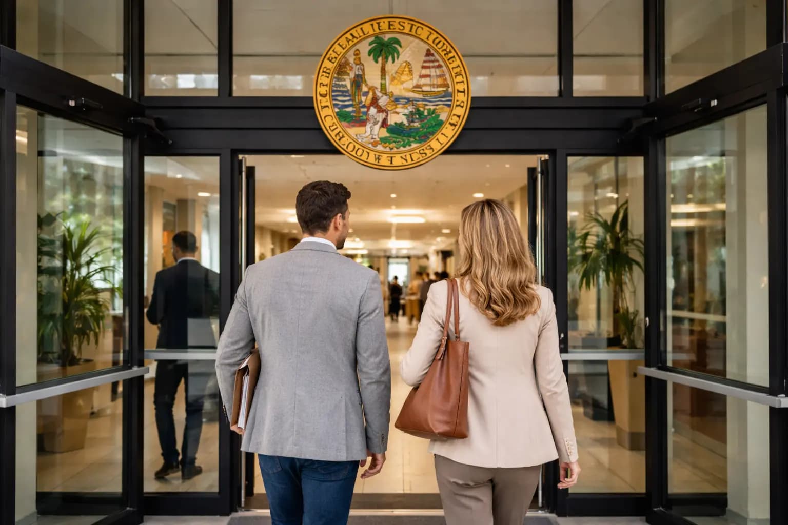 Two professionals entering a Florida government building, symbolizing the choice between an LLC vs sole proprietorship when starting a business.