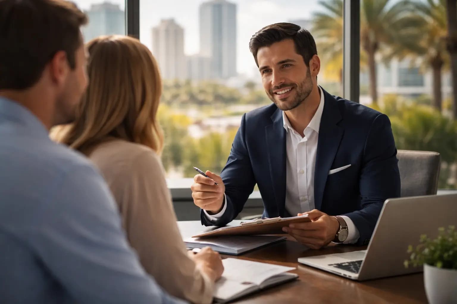 Smiling consultant meeting with clients in a bright office to file the 2026 Florida annual report.
