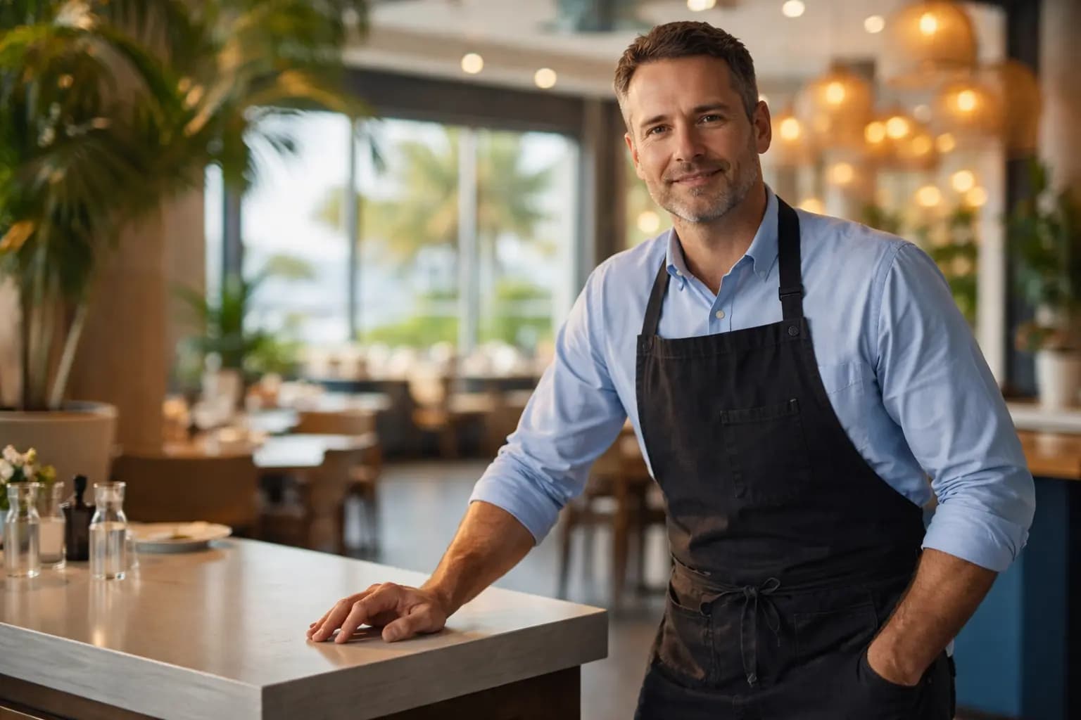 Smiling restaurant owner standing at his counter, preparing to file the 2026 Florida annual report