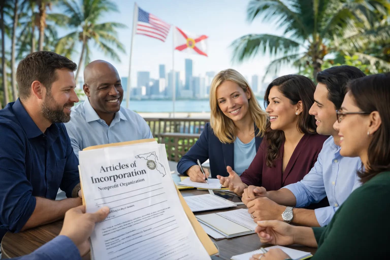 Community group reviewing Articles of Incorporation to start a nonprofit organization in Florida.