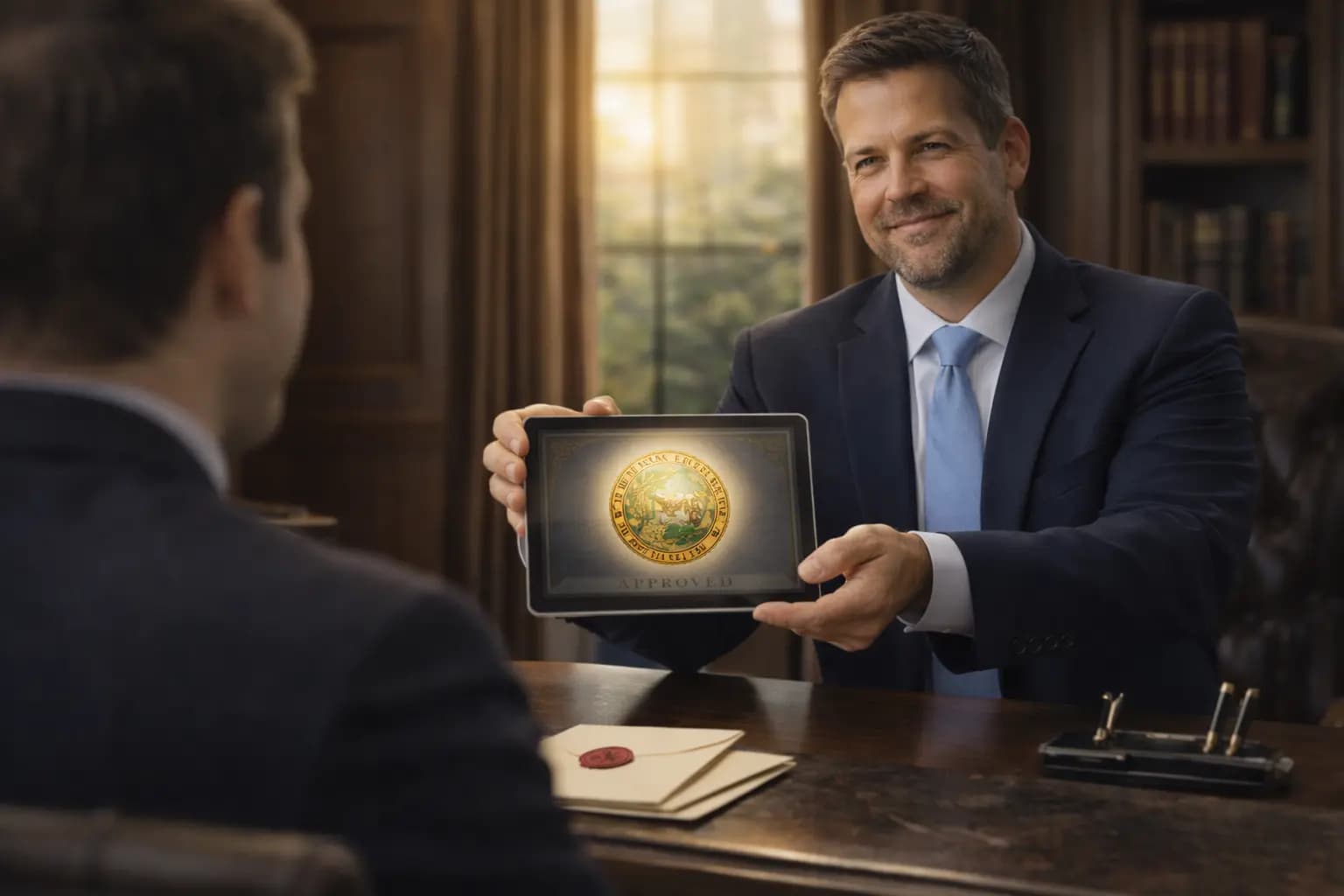 Professional man handing over a sealed official document for a Florida Certificate of Status.