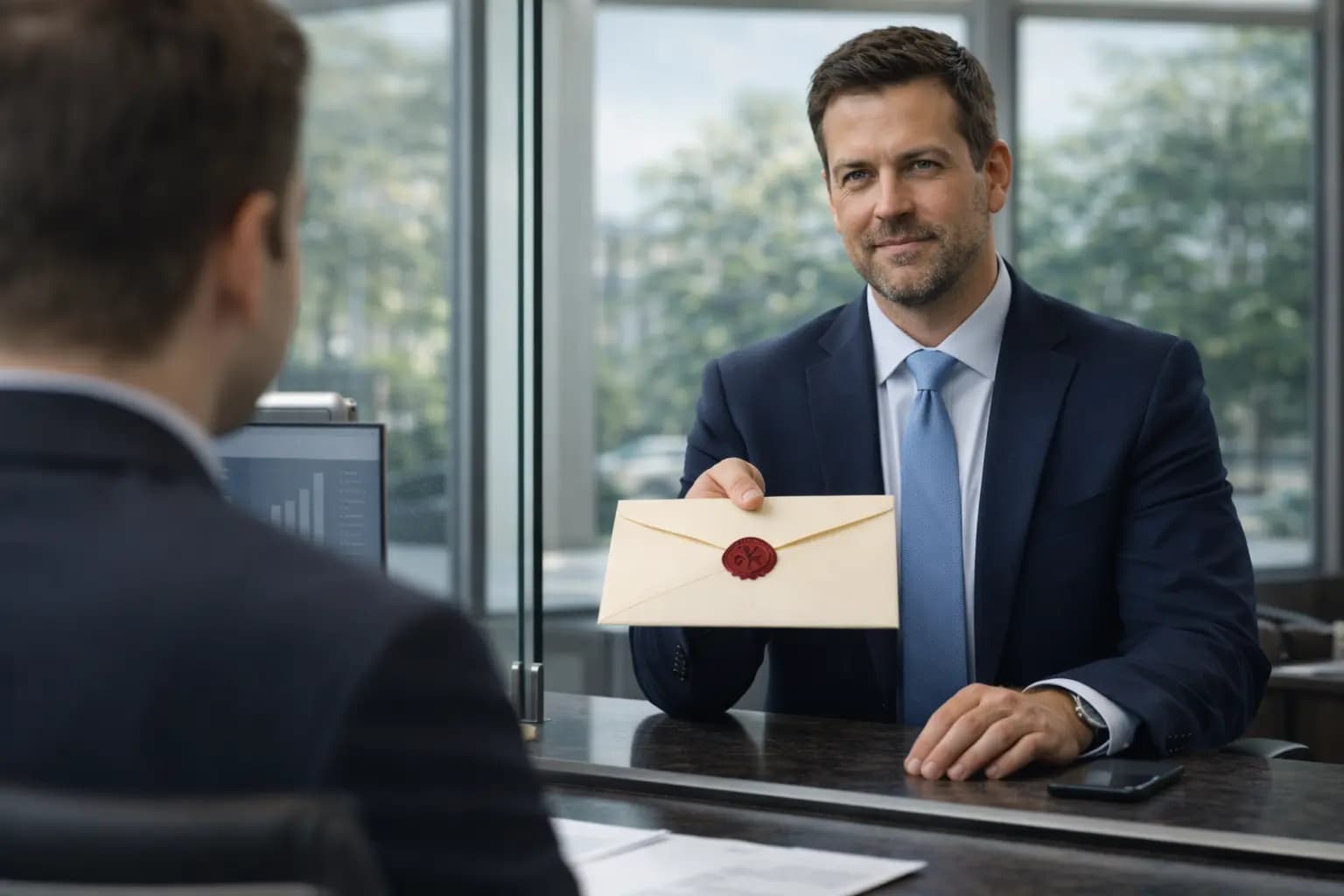 Professional man handing over a sealed official document for a Florida Certificate of Status.