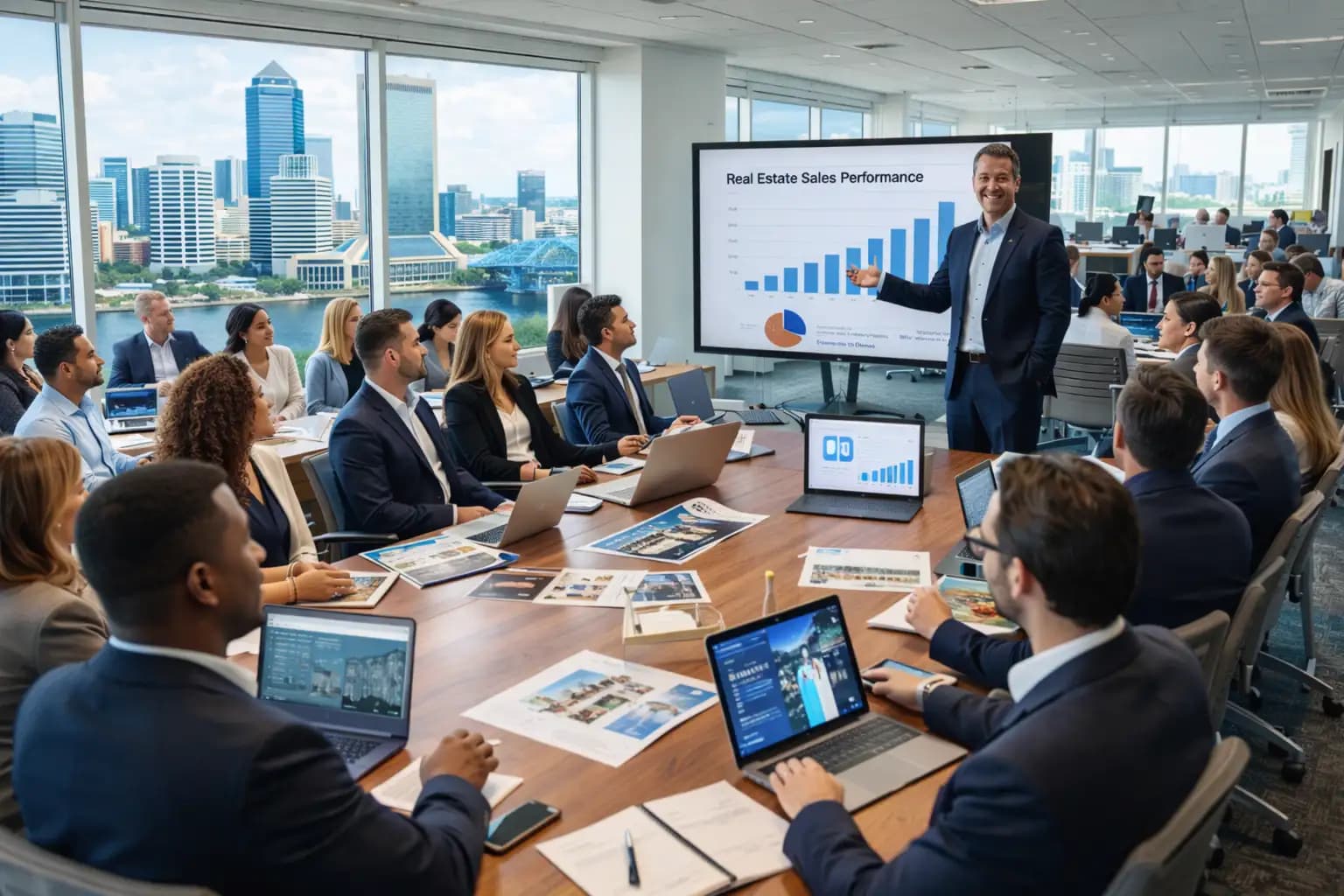 Real estate team reviewing sales performance data for their Florida Corporation Annual Report.