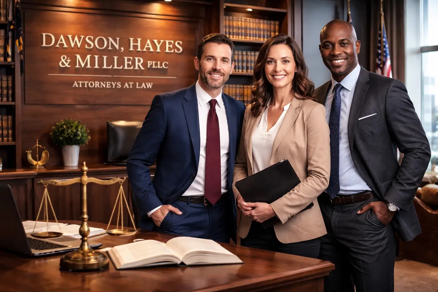 Three lawyers in a wood-paneled law office with scale of justice and open book, ideal for partnership registration.