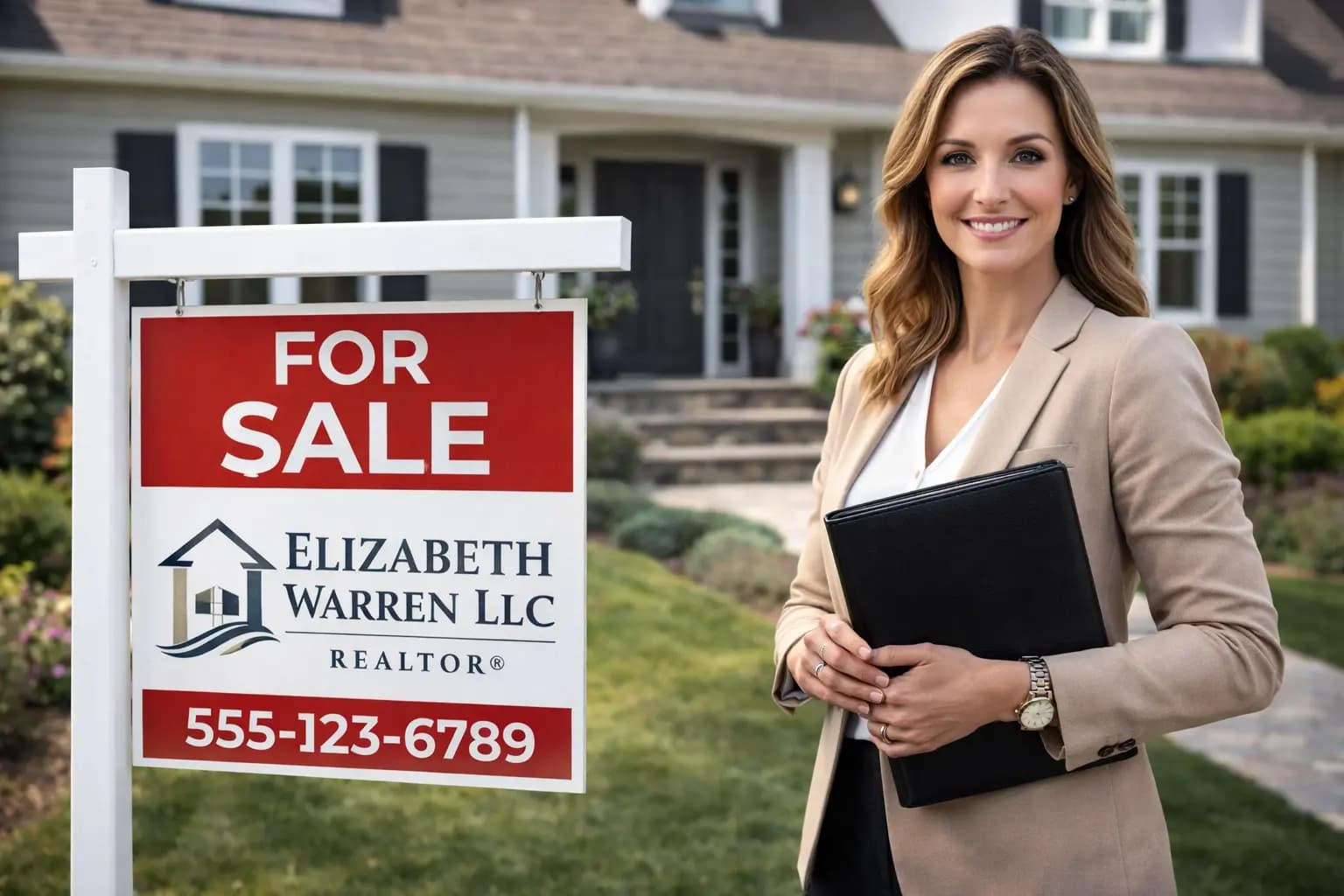 Smiling real estate agent by her LLC for-sale sign, holding her S Corp election form.