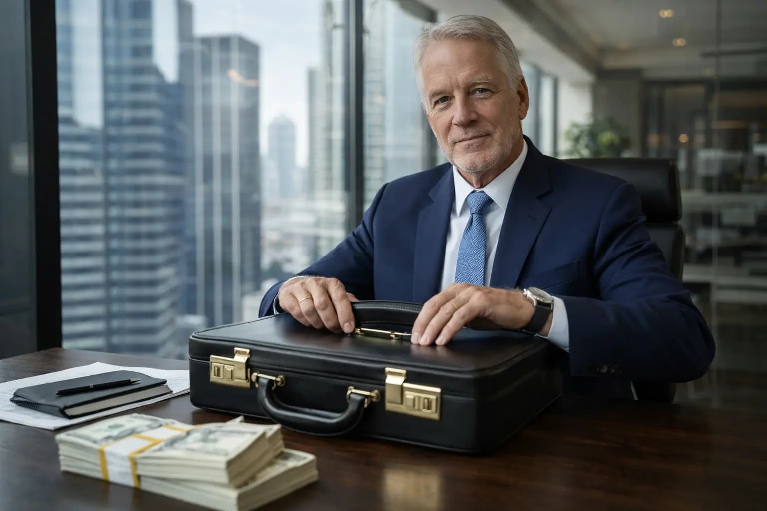 Investor closing his briefcase next to stacks of cash after finalizing a Florida LLC dissolution.