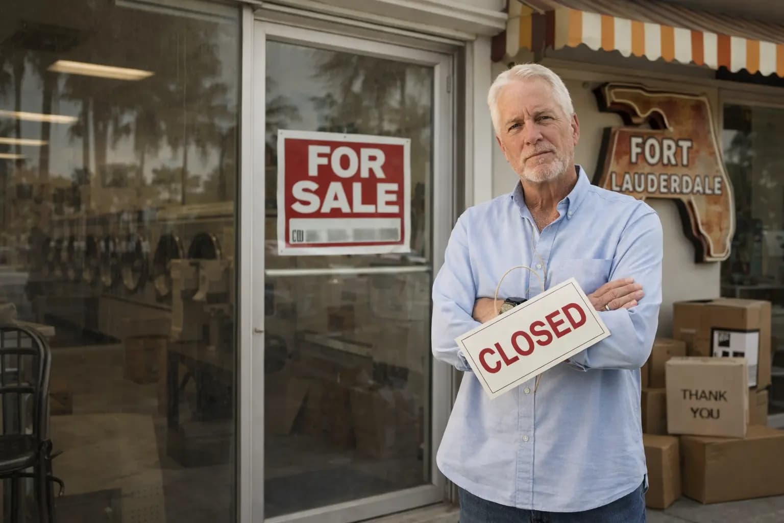 Fort Lauderdale dry cleaning shop owner holding a closed sign, representing a Florida LLC dissolution.