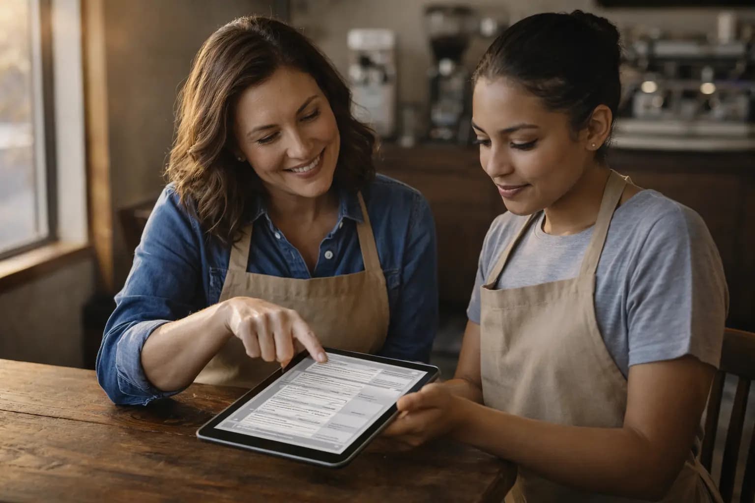 Two bakery owners in aprons using a tablet to apply for an EIN for their new business.