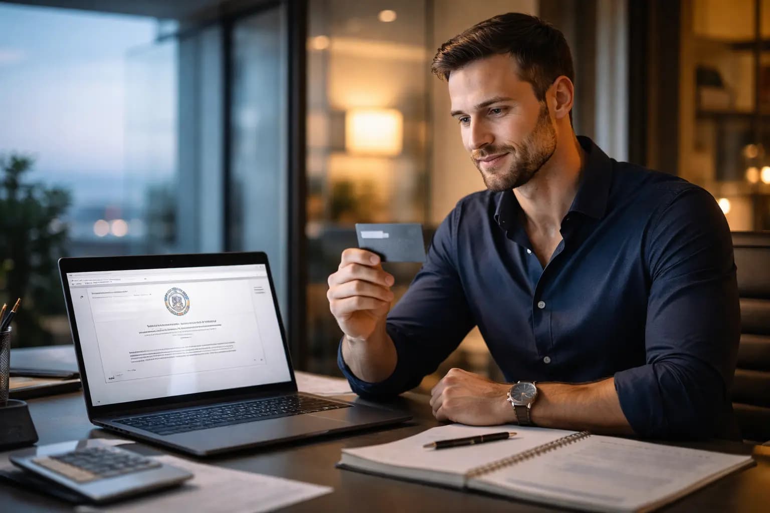 Smiling businessman holding a credit card while using his laptop to apply for an EIN online.
