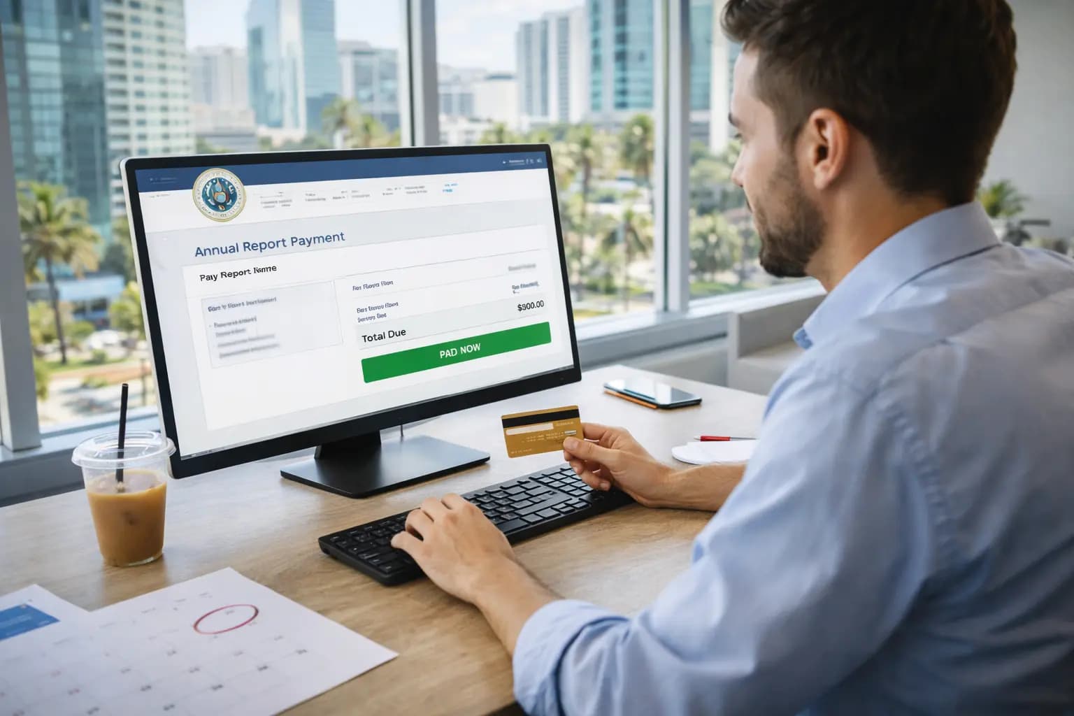 Professional holding a credit card at his computer to pay a Florida LLC Annual Report.