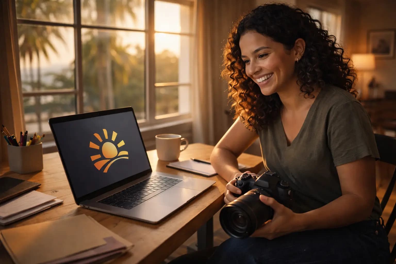 Smiling Florida entrepreneur sitting at her desk, holding a camera, about to complete her Florida DBA Registration.