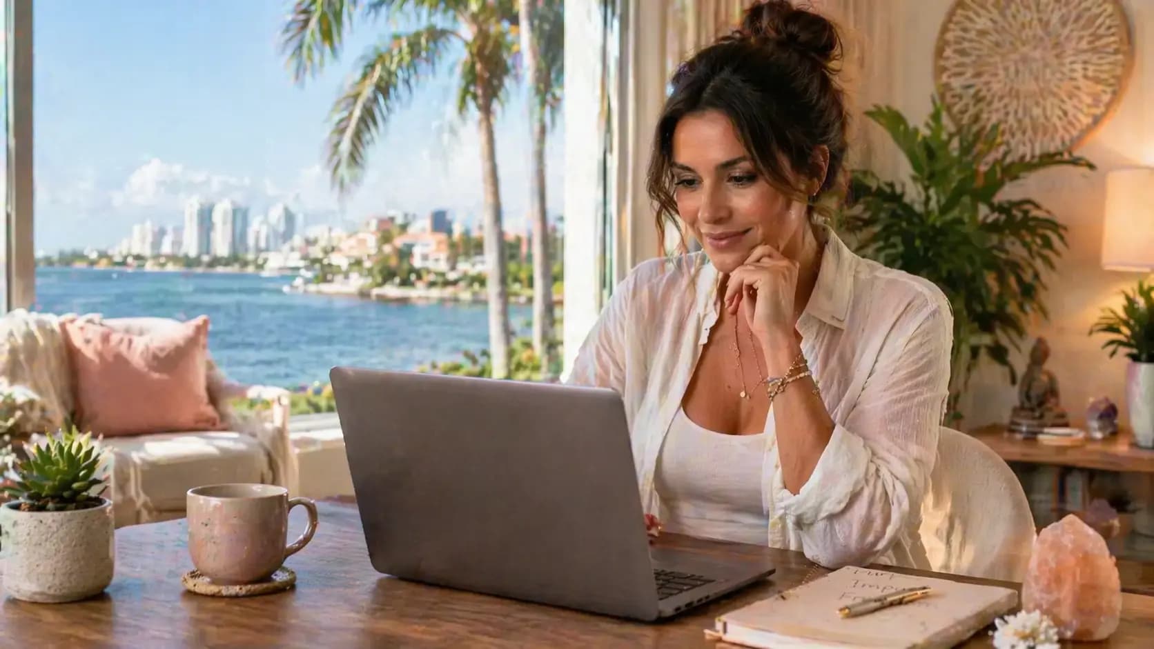 Smiling life coach in a sunny coastal office using her laptop to hire a Florida registered agent.