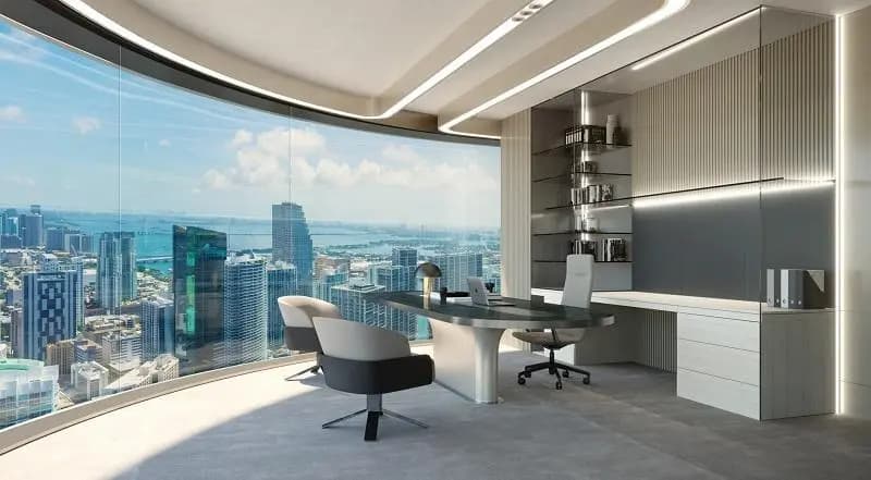 Sleek high-rise real estate office with coastal views, ready for a Florida limited partnership registration.