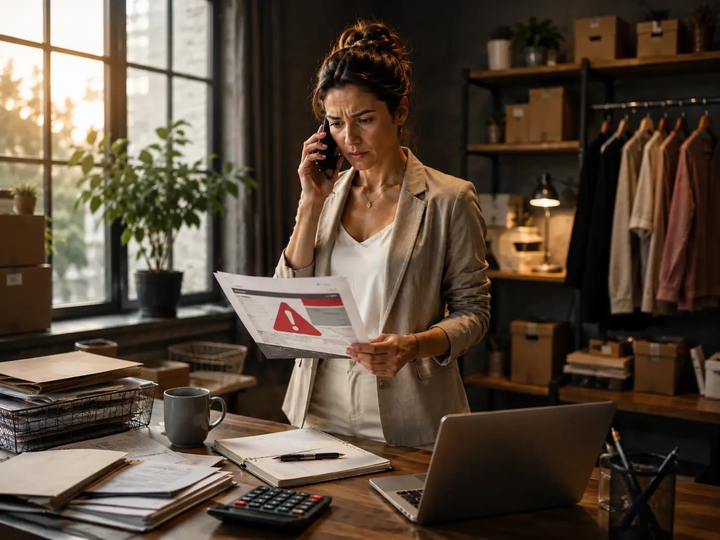 A concerned entrepreneur on a phone call holding a red warning notice to reinstate a dissolved Florida LLC.